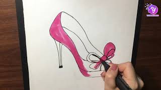 تعليم الرسم || تعلم رسم حذاء كعب عالي سهل وجميل خطوة بخطوة للمبتدئين || رسم سهل