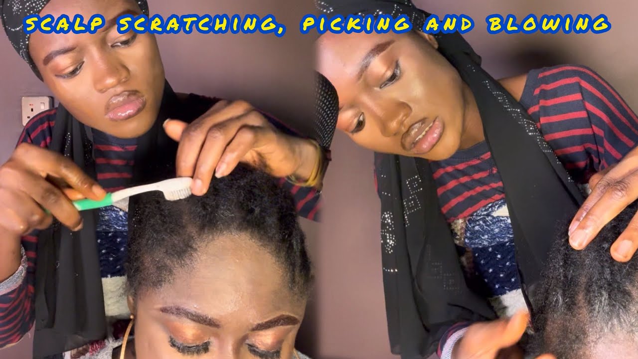 ASMR🌹scratching, picking, gum cracking and scalp blowing on my sisters head, super focus asmr.