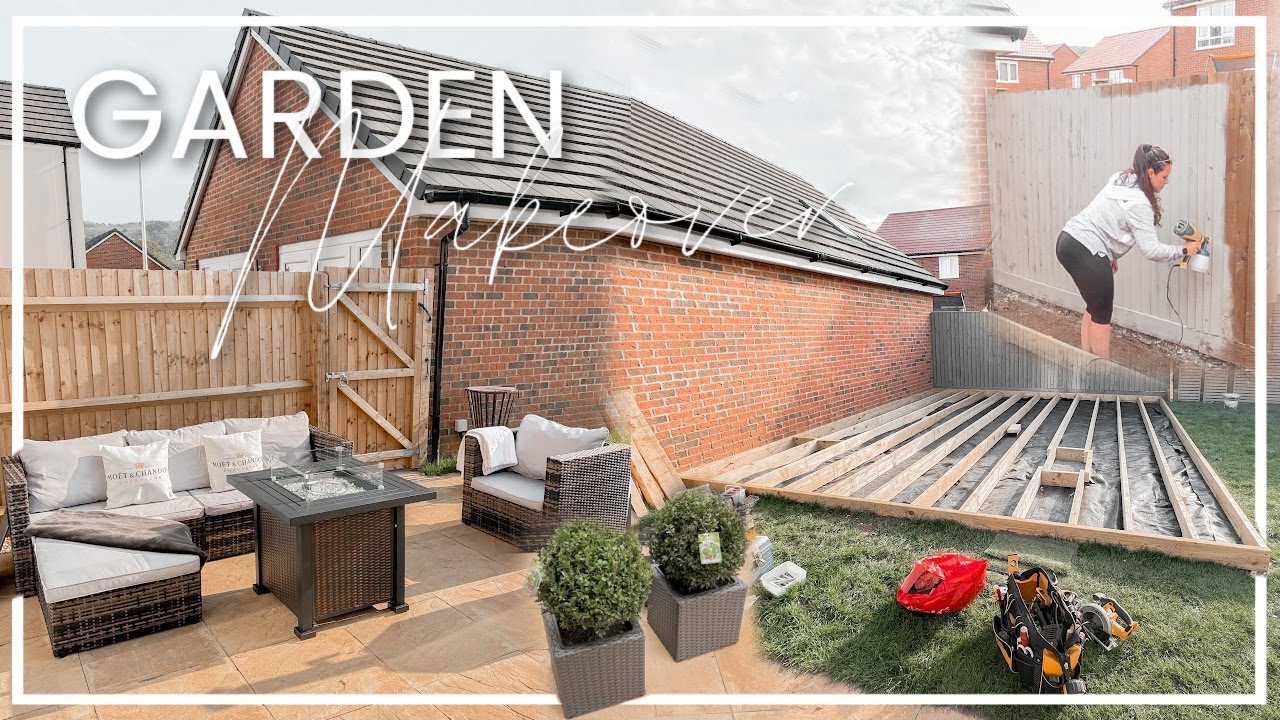 GARDEN MAKEOVER UK BUILDING DECKING, GARDEN FURNITURE, GREY FENCE