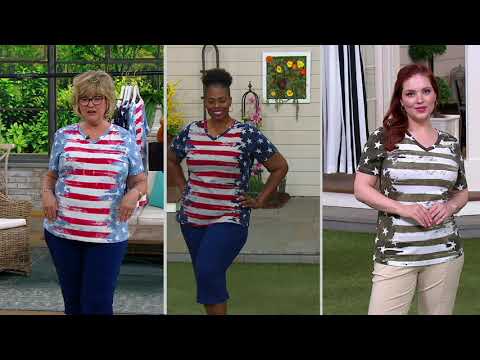 Denim & Co. American Flag Print Short Sleeve V-Neck Top on QVC
