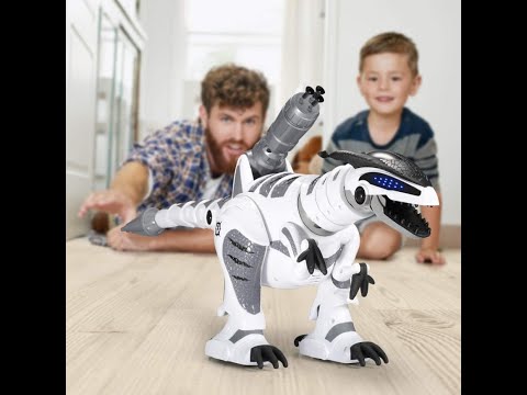 Дитячий танцюючий динозавр інтерактивна іграшка робот на радіокеруванні рухається стріляє гарчить світло звук, видео 1