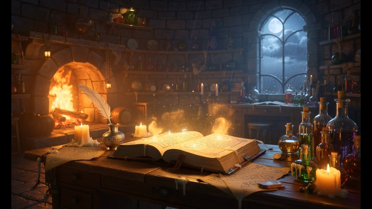 Magical Library Ambience 🔮📚 | Fireplace Crackle + Relaxing Music | 2 Hours Sleep & Study