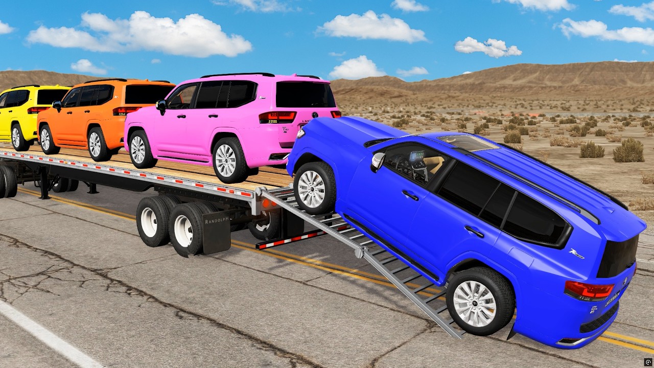 Triple Flatbed Trailer McQueen Transportation with Truck - Speedbumps vs Cars vs Train - BeamNG #13