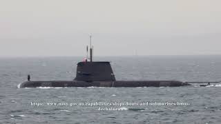 Australian Collins Class Submarine HMAS Dechaineux enters Port Phillip, Victoria, Australia.
