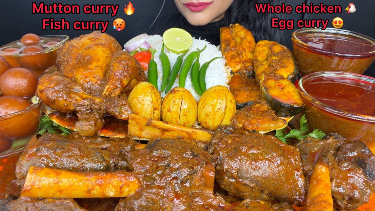 ASMR EATING WHOLE CHICKEN CURRY,MUTTON CURRY,EGG CURRY,FISH CURRY,GULABJAMUN 