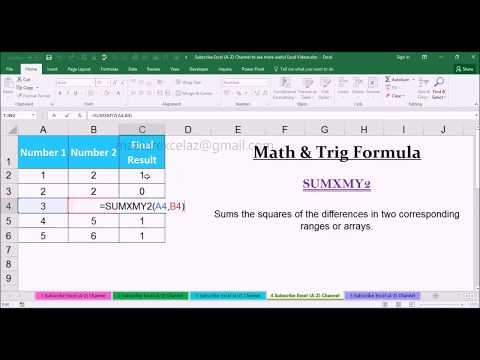 SUMXMY2 Math & Trig Function with Examples in MS Office Excel Spreadsheet 2016
