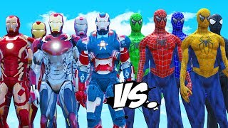 SPIDER-MAN, BLUE SPIDERMAN, GREEN SPIDERMAN, YELLOW SPIDERMAN, BLACK SPIDERMAN VS IRON MAN ARMY