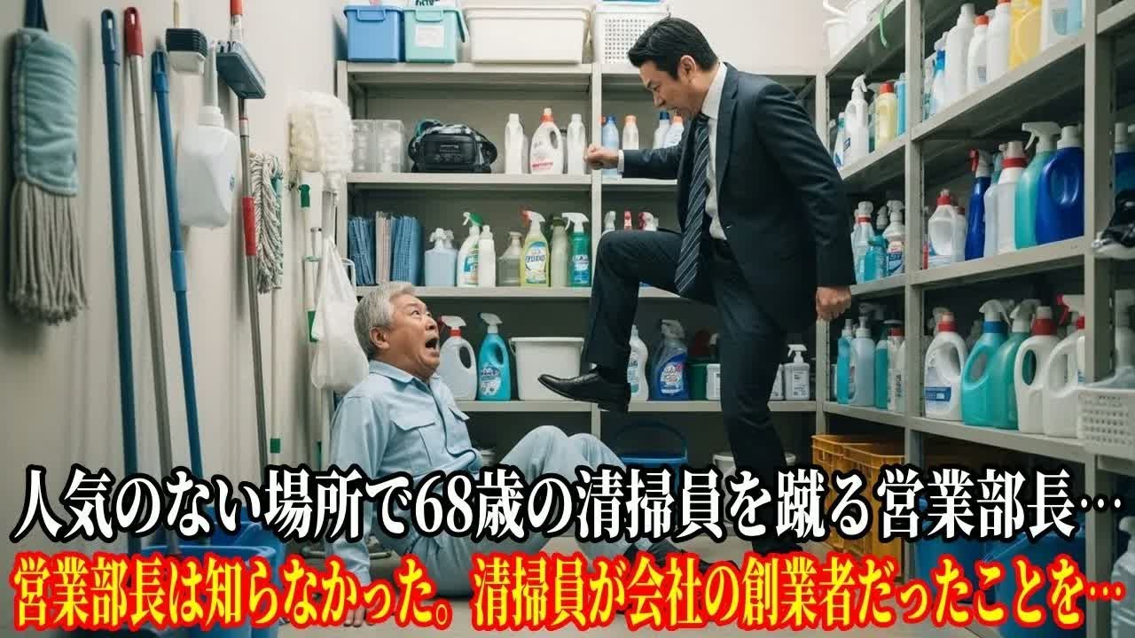 人気のない場所で68歳の清掃員を蹴る営業部長…営業部長は知らなかった。清掃員が会社の創業者だったことを…