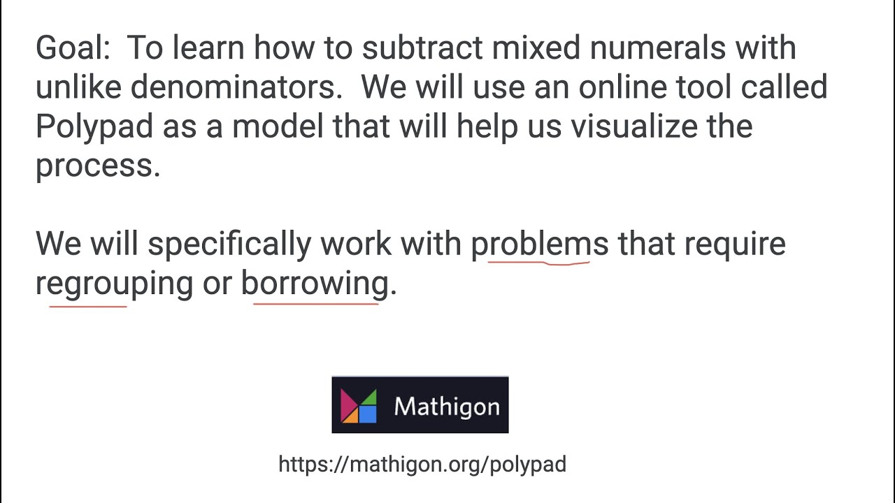 Subtracting Mixed Numbers with Unlike Denominators and Regrouping - YouTube