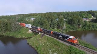 Bird's Eye View - Long CN Stack Train 120 w/Inspection Car at Palmers Pond - Dorchester, NB