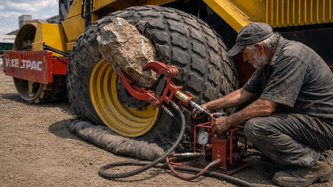Road Roller Disaster! Big Stone Stuck in Tire – Full Fix Process - YouTube