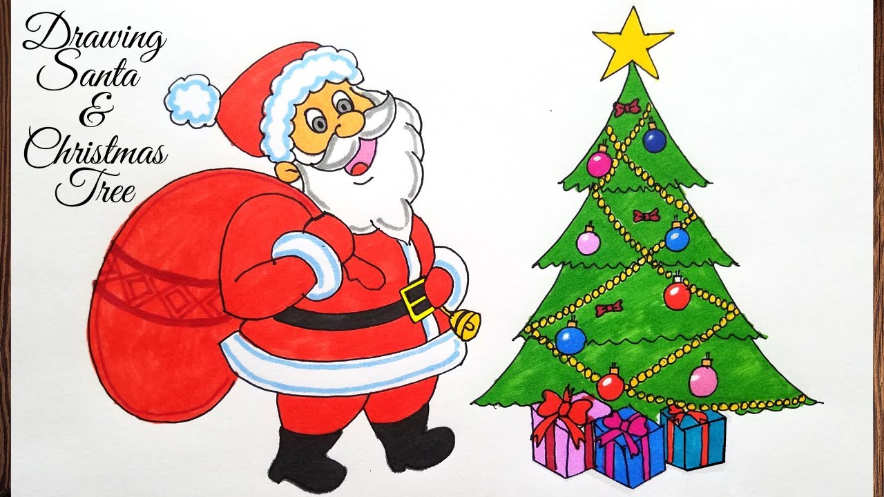 How to draw Santa Claus with Christmas tree step by step easy ...