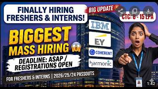 IBM Fresher & Intern Hiring 2025, 2026 🔥| PAN India Hiring Announced | IBM , Harmonic, EY, Coherent