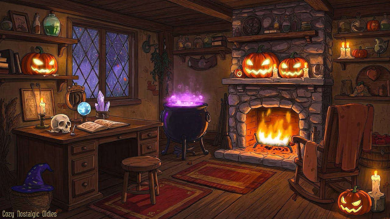 Peaceful autumn 1950's in halloween room with vintage oldies music playing in another room