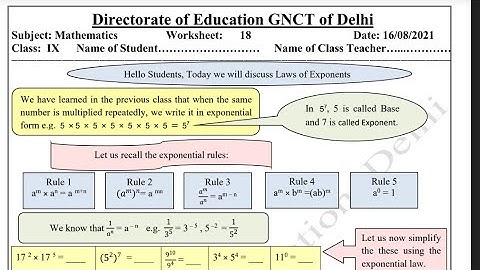CLASS-9|Solution of Doe maths worksheet-18|Date-16/8/21|laws of exponents