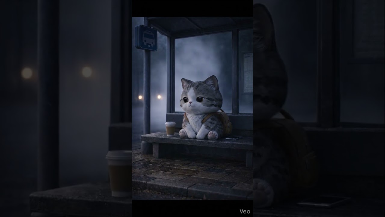 Still Cat at Dawn | Foggy Bus Stop 3D Scene