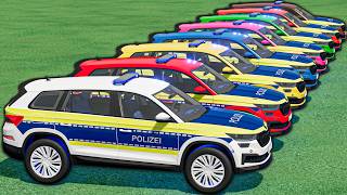 small vs BIG ! ALL COLORFUL SKODA POLICE CARS! Giant Flatbed Transport & Mega Ramp screenshot 2