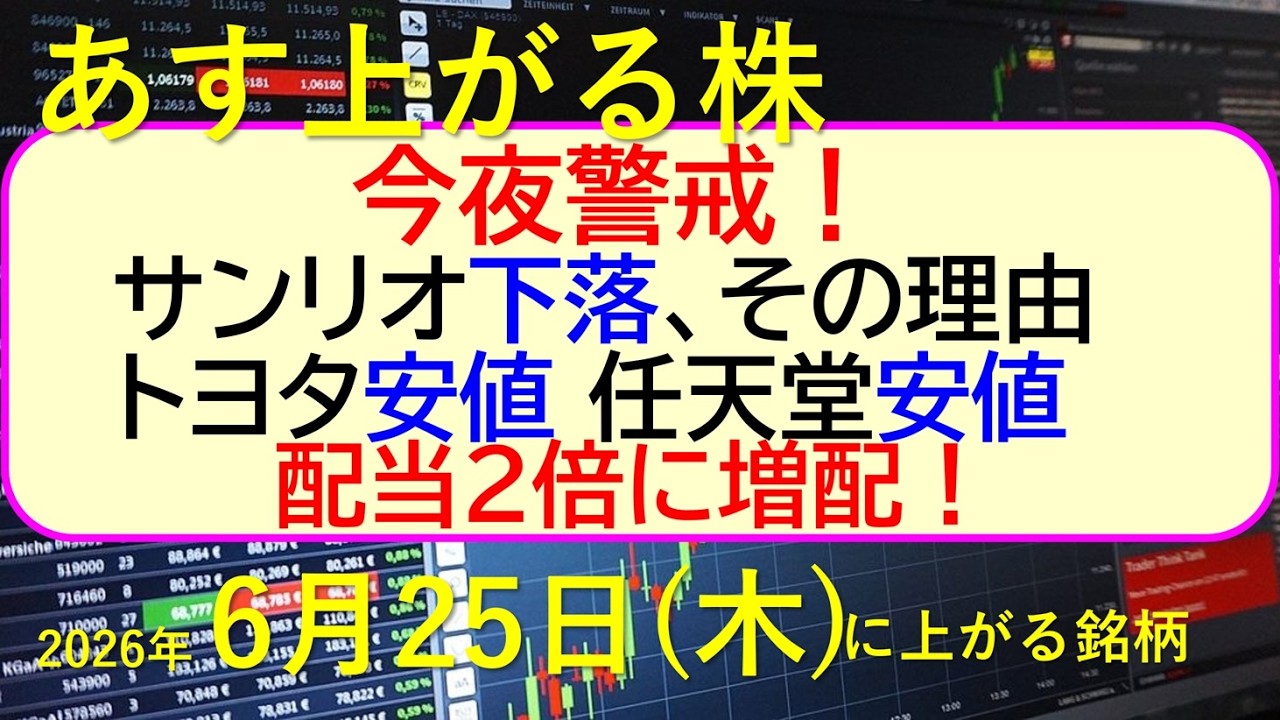 今夜警戒！サンリオ下落、その理由。トヨタが安値。任天堂も安値