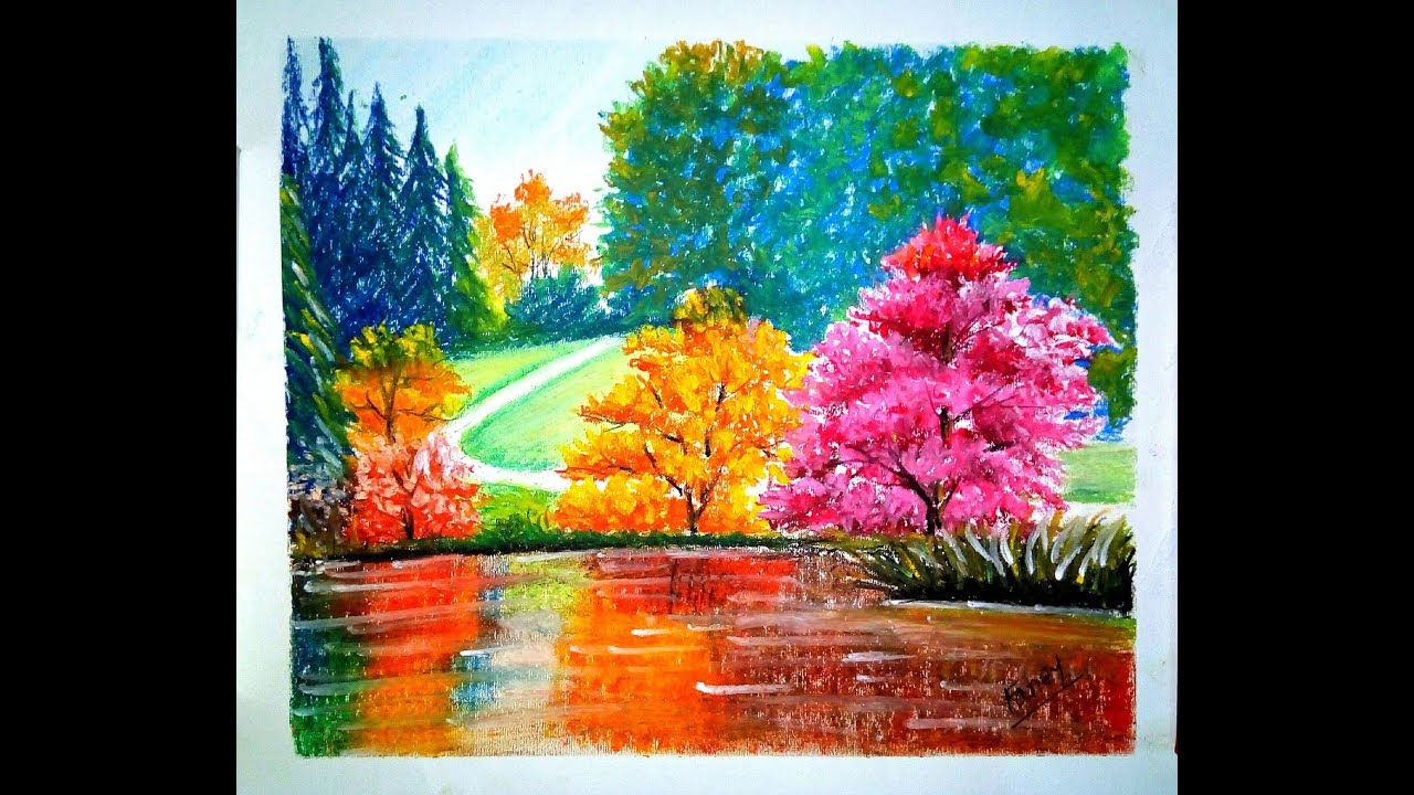 How to draw a landscape with water reflection by oil pastel.🎨---🎨---🎨 ...