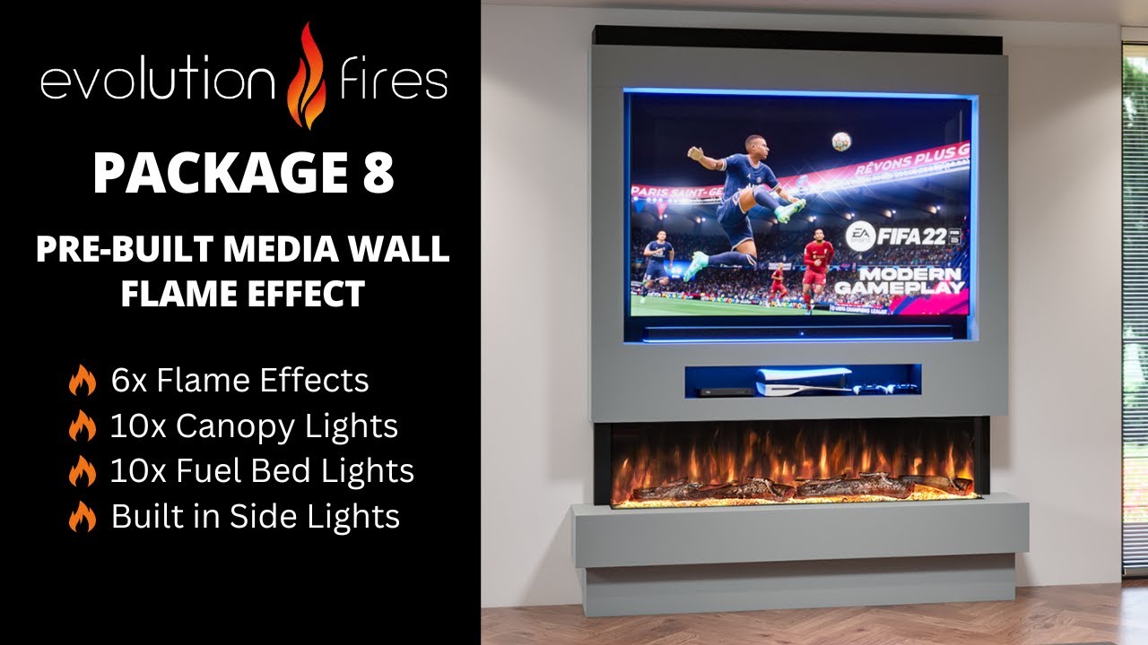 Evolution Fires Pre-Built Media Wall Package 8 Flame Effect.