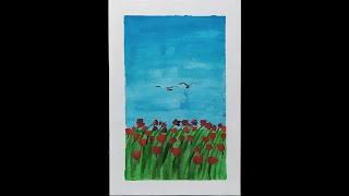 blue sky painting  and red flowers, painting esay, landscape painting, painting for all, #painting screenshot 5