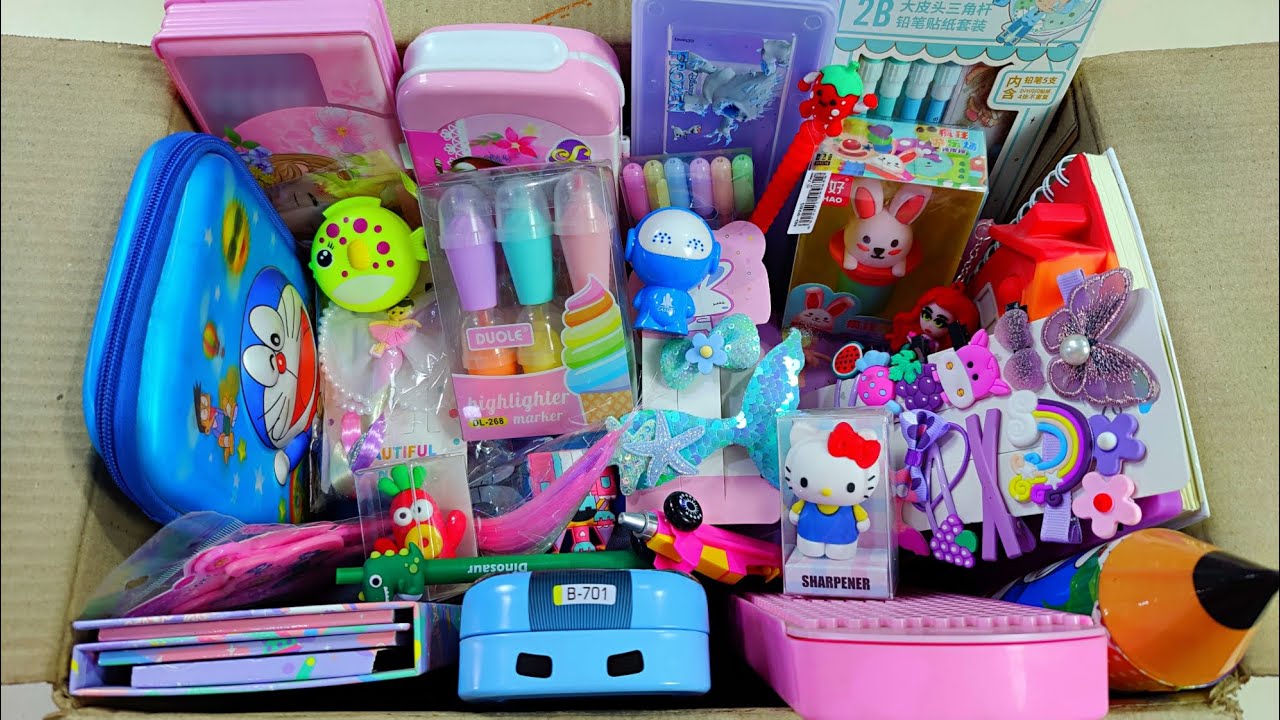 pencil case and stationery collection from the box, makeup eraser ...