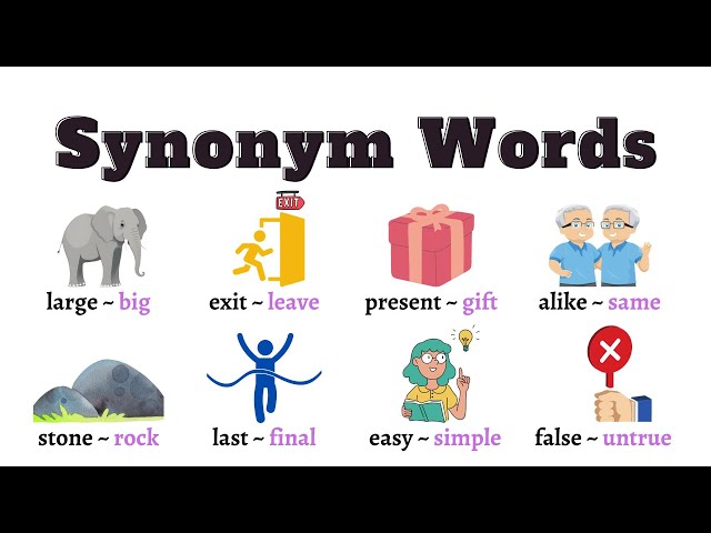 52 Synonym Words List in English Large ~ Big Exit ~ Leave Present ~ Gift  Alike ~ Same Stone ~ Rock Last ~ Final Easy ~ …