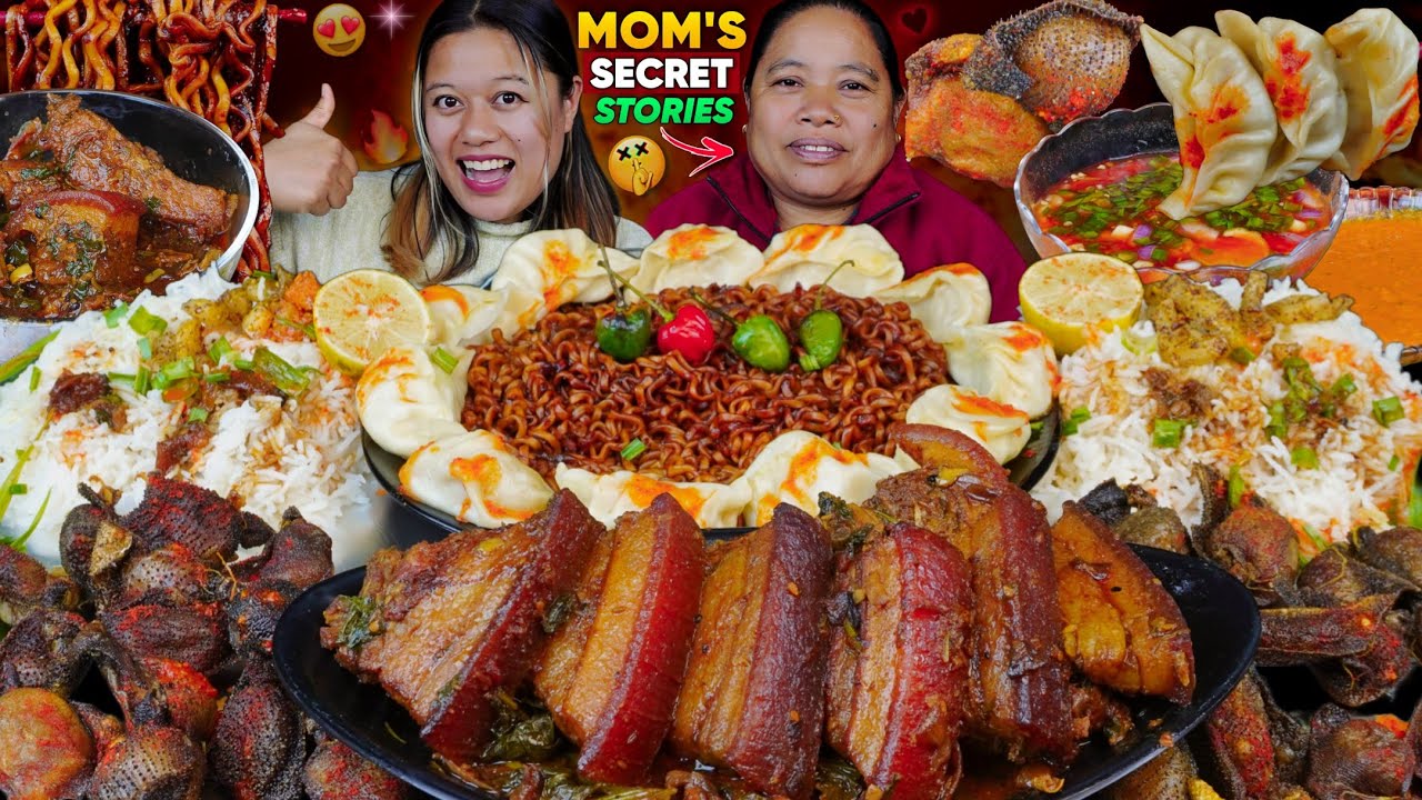 😍MOM COOKING FOR ME: COOKING AND EATING PORK CURRY, BONE MARROW SAPUMICHA, MOMO & BLACK BEAN NOODLES