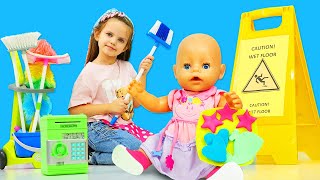 Baby Annabell doll & Maya clean the house & pretend to play cooking toy food for dolls. Kids Stories