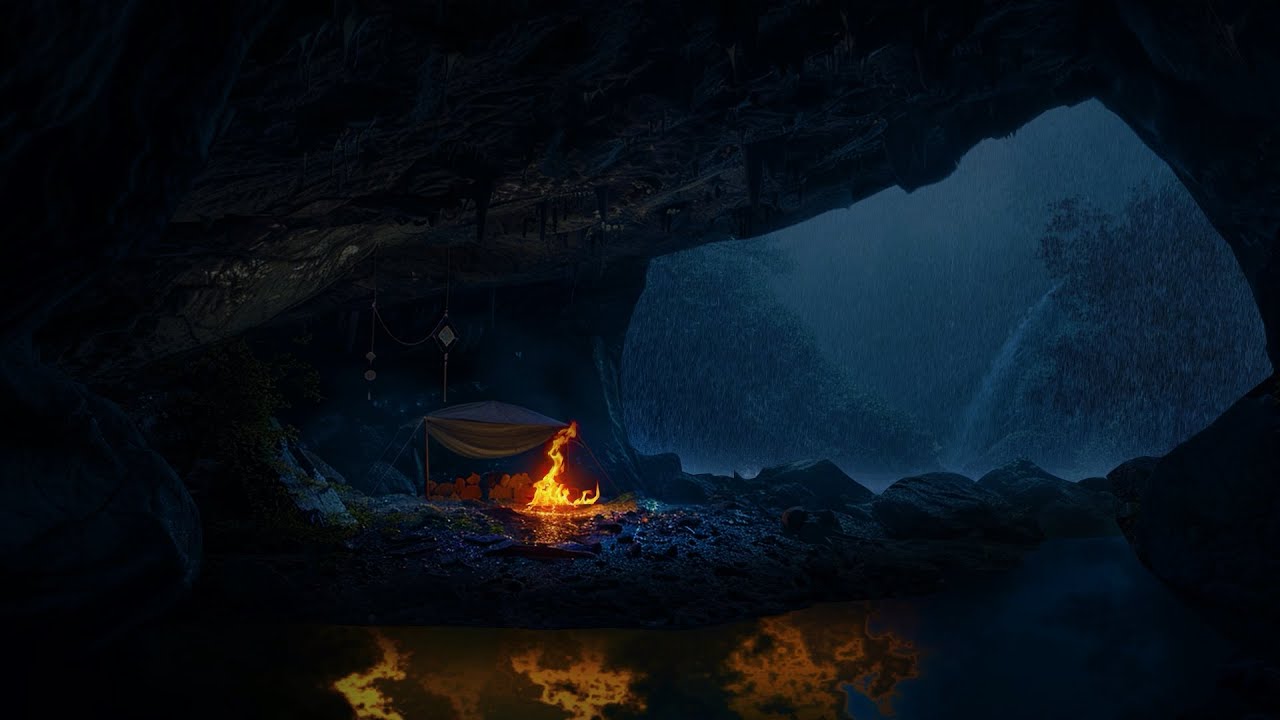 Nighttime Rainstorm & Campfire in the Cave Space: Relaxation & Serenity ...