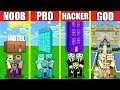 Minecraft Battle: HOTEL HOUSE BUILD CHALLENGE - NOOB vs PRO vs HACKER vs GOD / Animation SKYSCRAPER