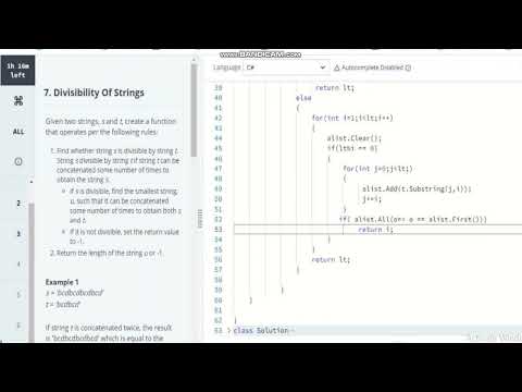 DIVISIBILITY OF STRINGS Code in c#. 12/14 test cases passing.