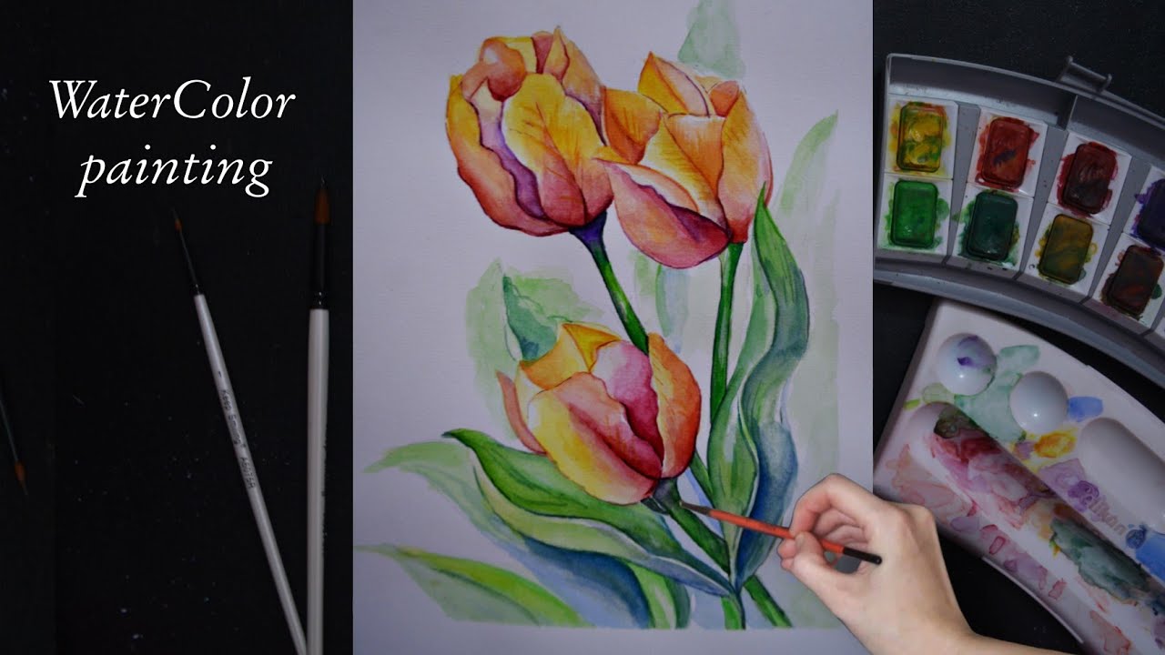 #12 WaterColor Tulip Flower Painting | How to Paint A Flower _ Step by ...