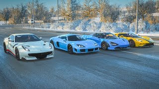 In this race we have four supercars battling it out on the 1/4, 1/2 &
full highway races! includes 2019 mclaren 720s spider, 2017 ford gt,
2015...