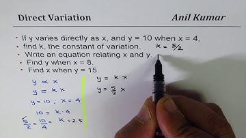 Find Constant of Variation Direct Variation Equation with x = 4 and y =10