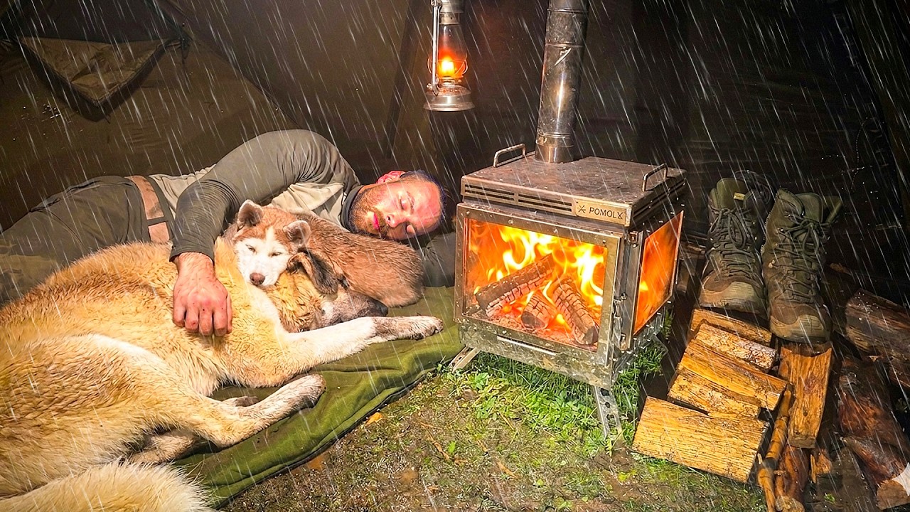 Hot Tent Camping in Heavy Rain All Day! - Caught in Rainstorm With My Dogs!