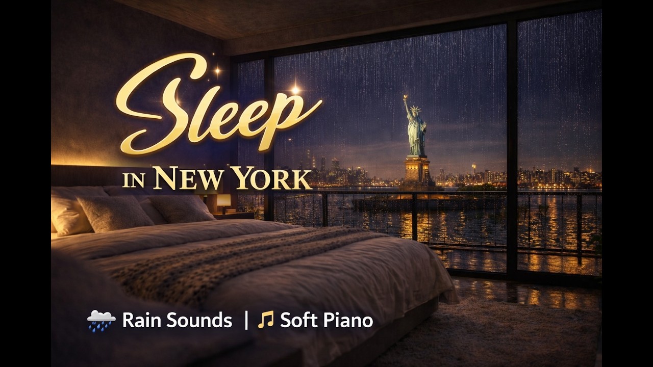 Sleep in New York 🌧️ Night Rain & Soft Piano | Cozy Bedroom with Statue of Liberty View
