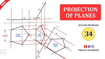 PROJECTION OF PLANES SOLVED PROBLEM 34 IN HINDI IN ENGINEERING DRAWING @TIKLESACADEMYOFMATHS