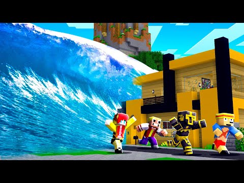 RETO DE LA BASE VS TSUNAMI EN PLATANOVILLA EN MINECRAFT 😱