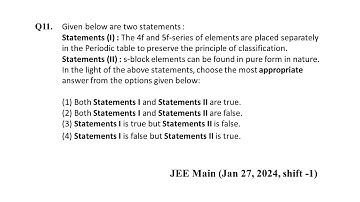 Q11 JEE Main, Chemistry PYQ Jan 27, 2024, Shift 1 | Periodic Table | NEON JEE NEET