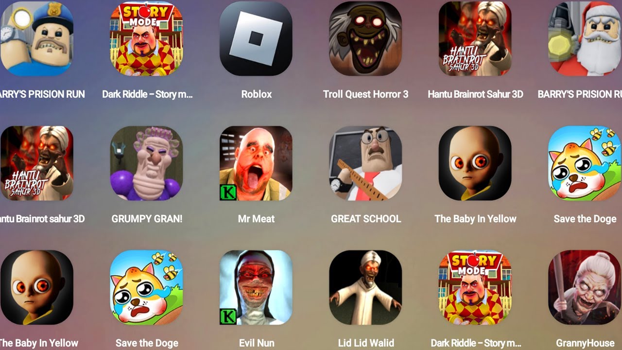 BRRY'S PRISION RUN,Dark Riddle 2,Roblox,GRUMPY GRAN,Mr Mr Meat,The Baby In Yellow,Lid Lid Wallad