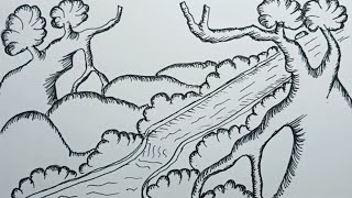 How To Draw River Scene With Pen |Drawing River Easy Scenery