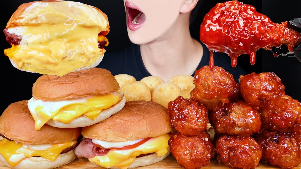ASMR DOUBLE CHEESEBURGERS SPICY FRIED CHICKEN BBQ MUKBANG 치즈버거 양념치킨 먹방 チーズバーガー チキン 咀嚼音 EATING SOUNDS