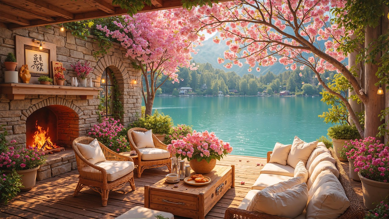Fresh Spring Morning by the Lake 🌺🍀 Gentle Piano & Soft Fireplace for ...