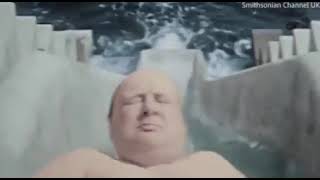 Winston Churchill going down a water slide, 1934