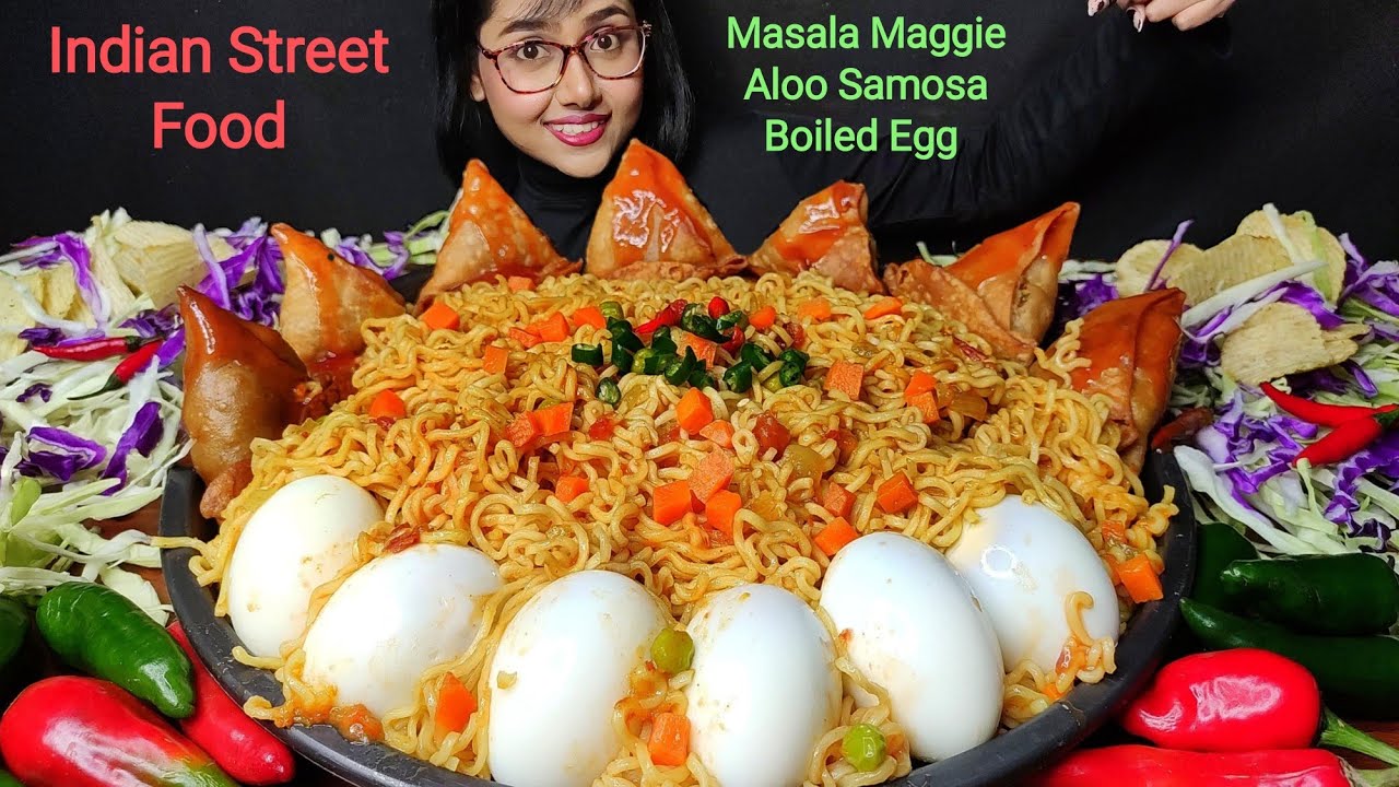 Eating Masala Maggie, Samosa, Boiled Egg | Indian Street Food | Big Bites | Asmr Eating | Mukbang