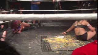 Hoodslam:  Nicole Savoy suplexes Cereal Man on the Crunch Berries