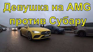 Girl on Mercedes AMG vs Subaru and also Golf R vs Tesla 3 dual motor