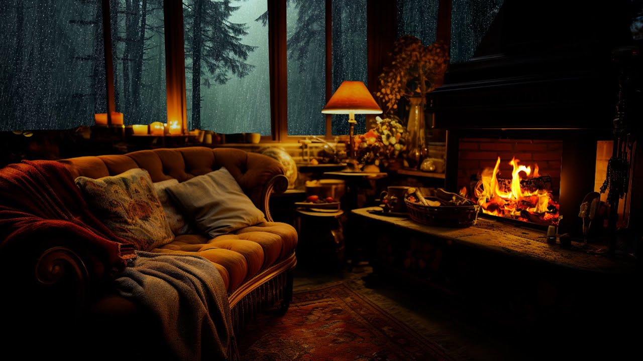 Rainy Night With Rain Sounds & Warm Fireplace | Rain Sounds For Sleep ...