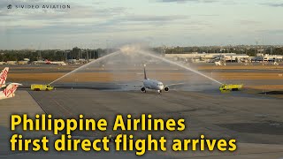 Philippine Airlines (RPC9936) first direct Manila to Perth flight arrives on March 27, 2023.